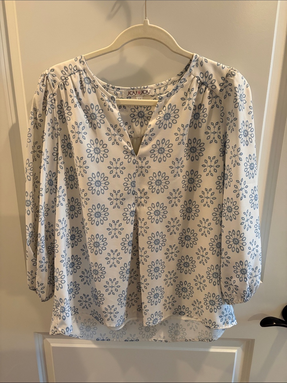 Joy Joy White Blouse with Blue Floral Medallions